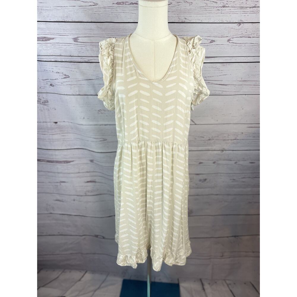 Michelle McDowell Ivory Beige Abstract Geometric Mini Dress Medium Ruffle Sleeve